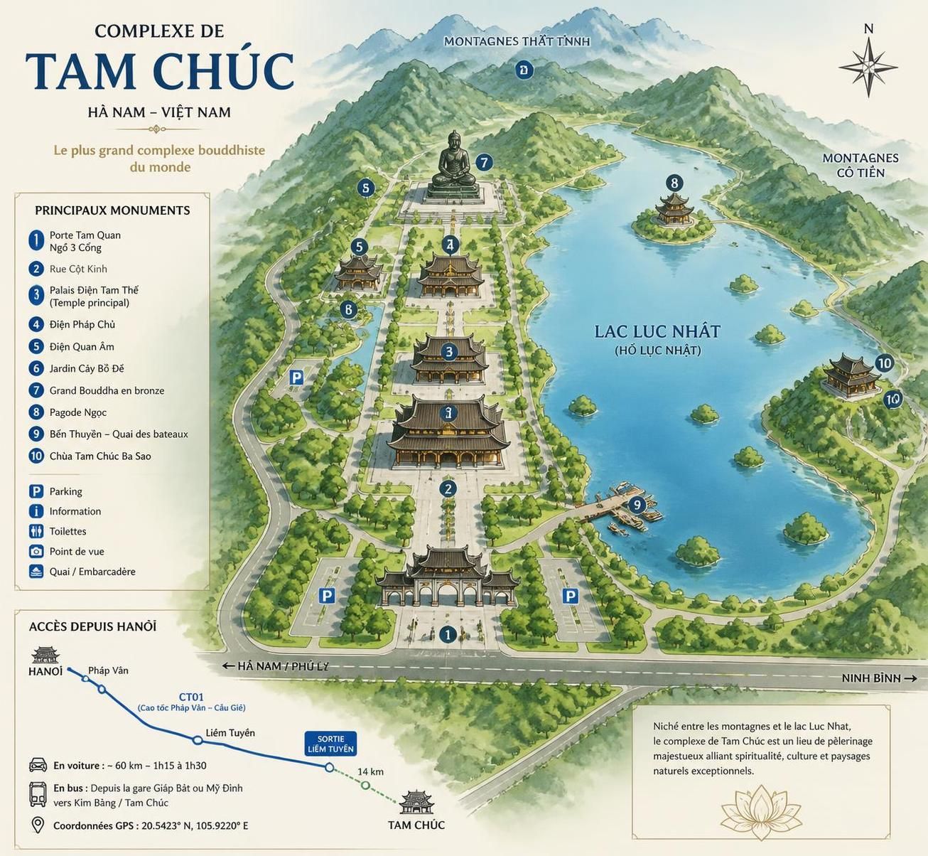 découvrez tam chúc à hà nam, le plus grand complexe de pagodes au monde, un lieu unique où karsts majestueux, lacs paisibles et silence apaisant vous invitent à la sérénité et à la contemplation.