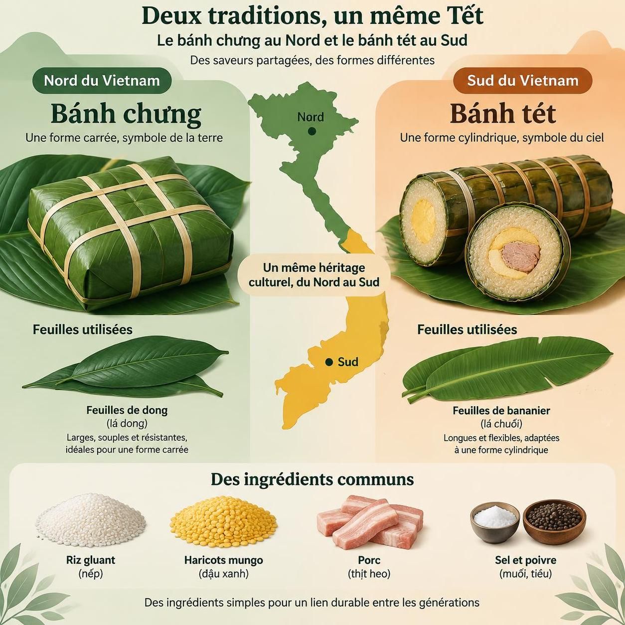 bánh chưng carré au nord, bánh tét cylindrique au sud : découvrez ce que ces gâteaux du têt révèlent des traditions et de l’identité vietnamiennes.