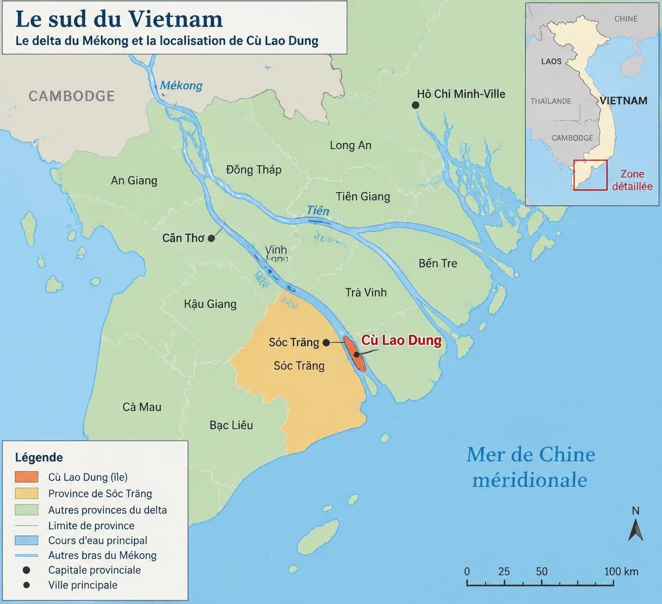 découvrez cù lao dung, île de sóc trăng au cœur du delta du mékong, entre champs de canne à sucre, vie fluviale et horizon marin.