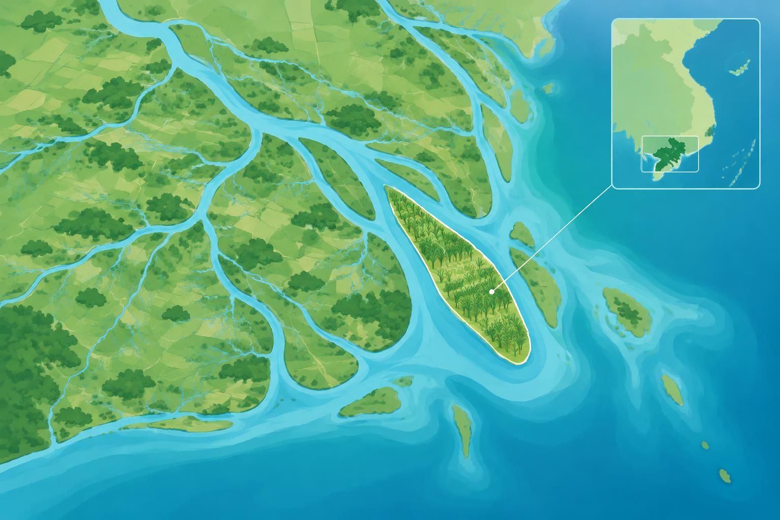 découvrez cù lao dung, à sóc trăng : une île de canne à sucre au bout du mékong, entre vergers, mangroves et eaux du delta avant la mer.