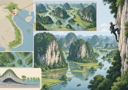 découvrez l’escalade à ninh bình : grimpez sur les parois karstiques de trang an et admirez les rizières inondées depuis les hauteurs.