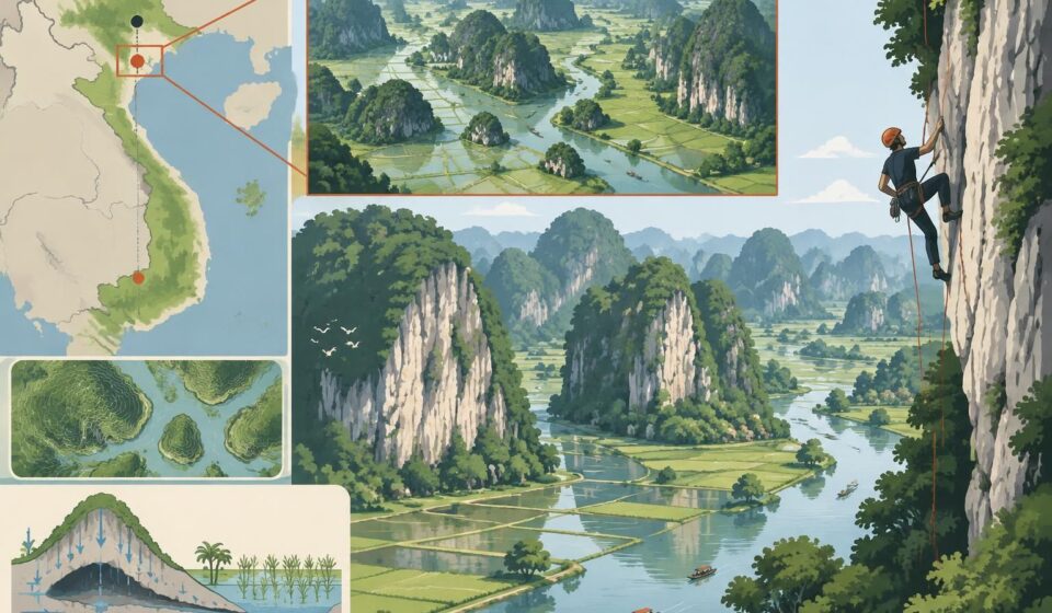 découvrez l’escalade à ninh bình : grimpez sur les parois karstiques de trang an et admirez les rizières inondées depuis les hauteurs.