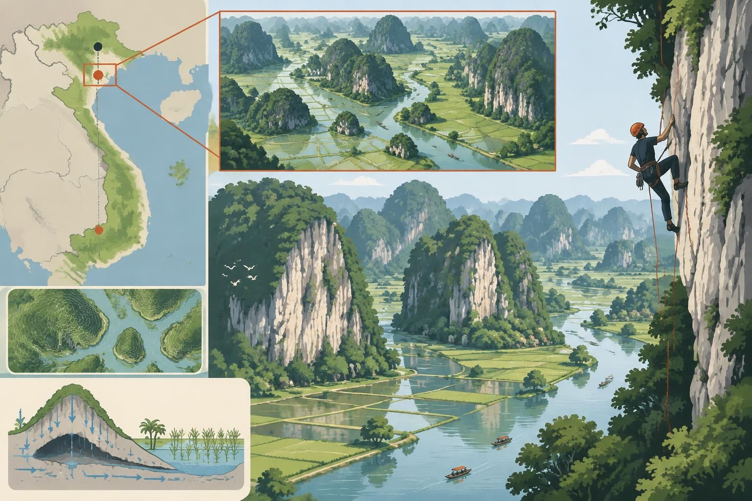 découvrez l’escalade à ninh bình : grimpez sur les parois karstiques de trang an et admirez les rizières inondées depuis les hauteurs.
