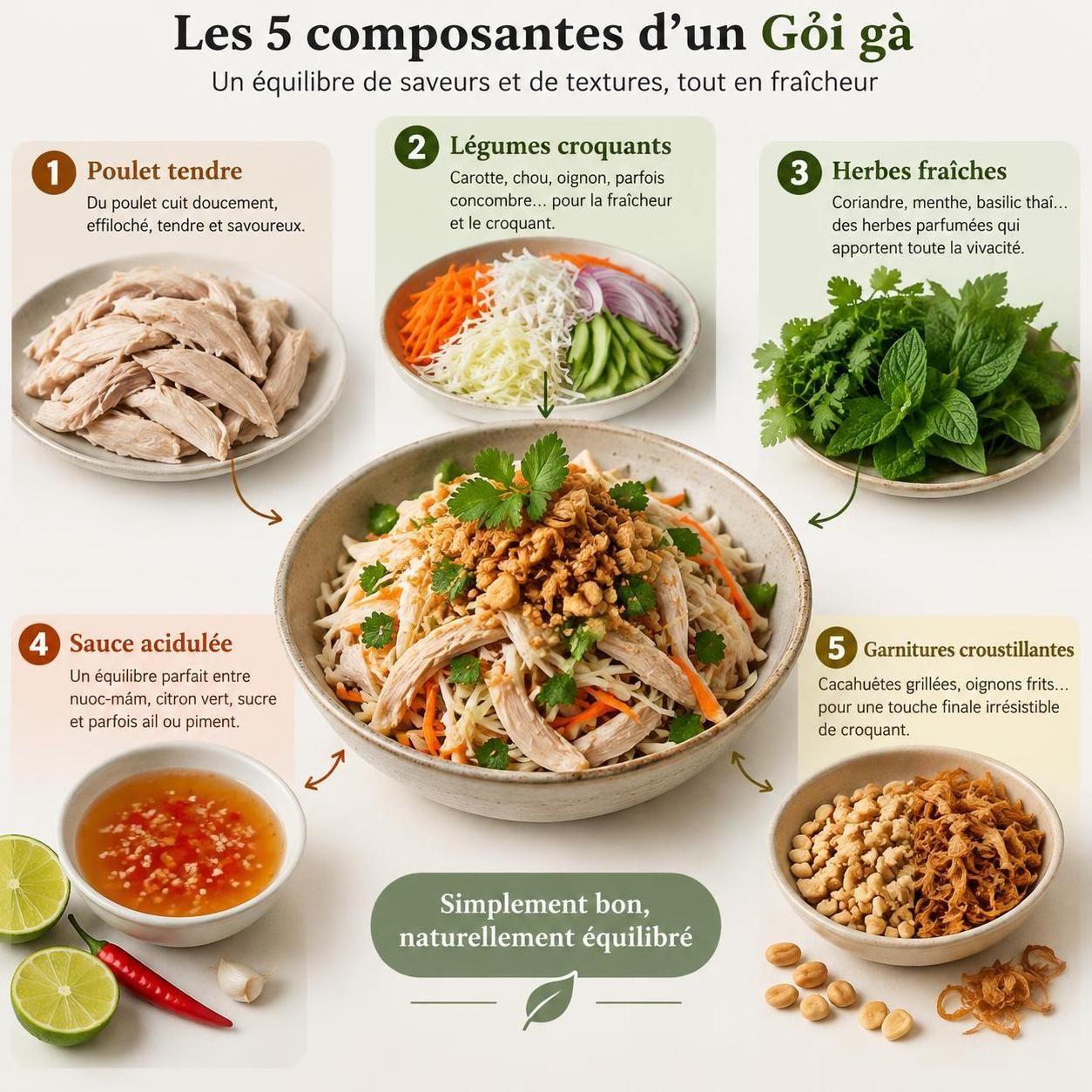 découvrez le gỏi gà, une salade vietnamienne légère au poulet tendre, aux herbes fraîches et aux saveurs acidulées, souvent absente de la carte.
