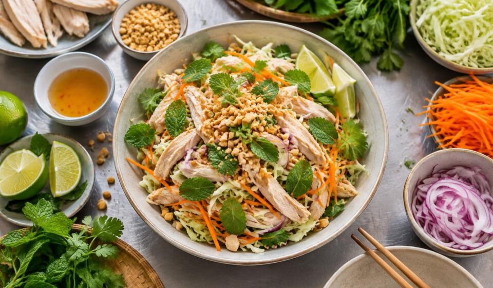 découvrez le gỏi gà, une salade vietnamienne de poulet aux herbes fraîches, légère et pleine de saveurs, souvent absente des menus.