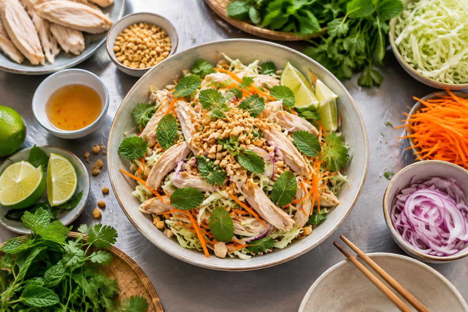 découvrez le gỏi gà, une salade vietnamienne de poulet aux herbes fraîches, légère et pleine de saveurs, souvent absente des menus.