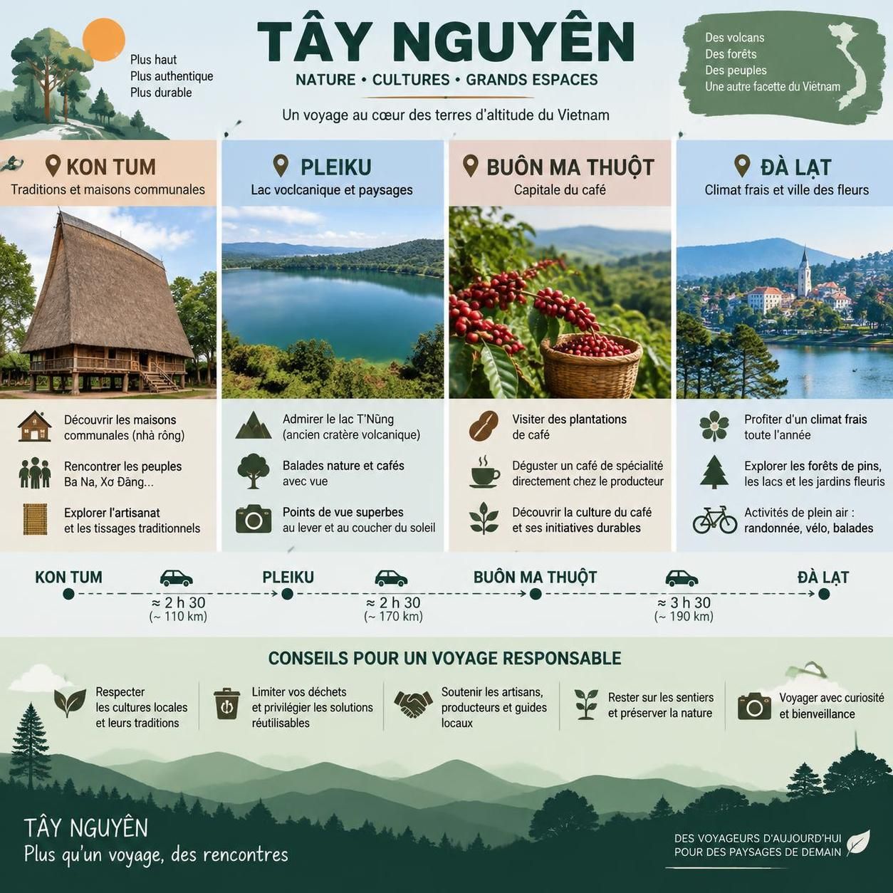 parcourez le tây nguyên de kon tum à đà lạt en 5 jours : routes spectaculaires, villages, plantations et paysages grandioses des hautes terres vietnamiennes.