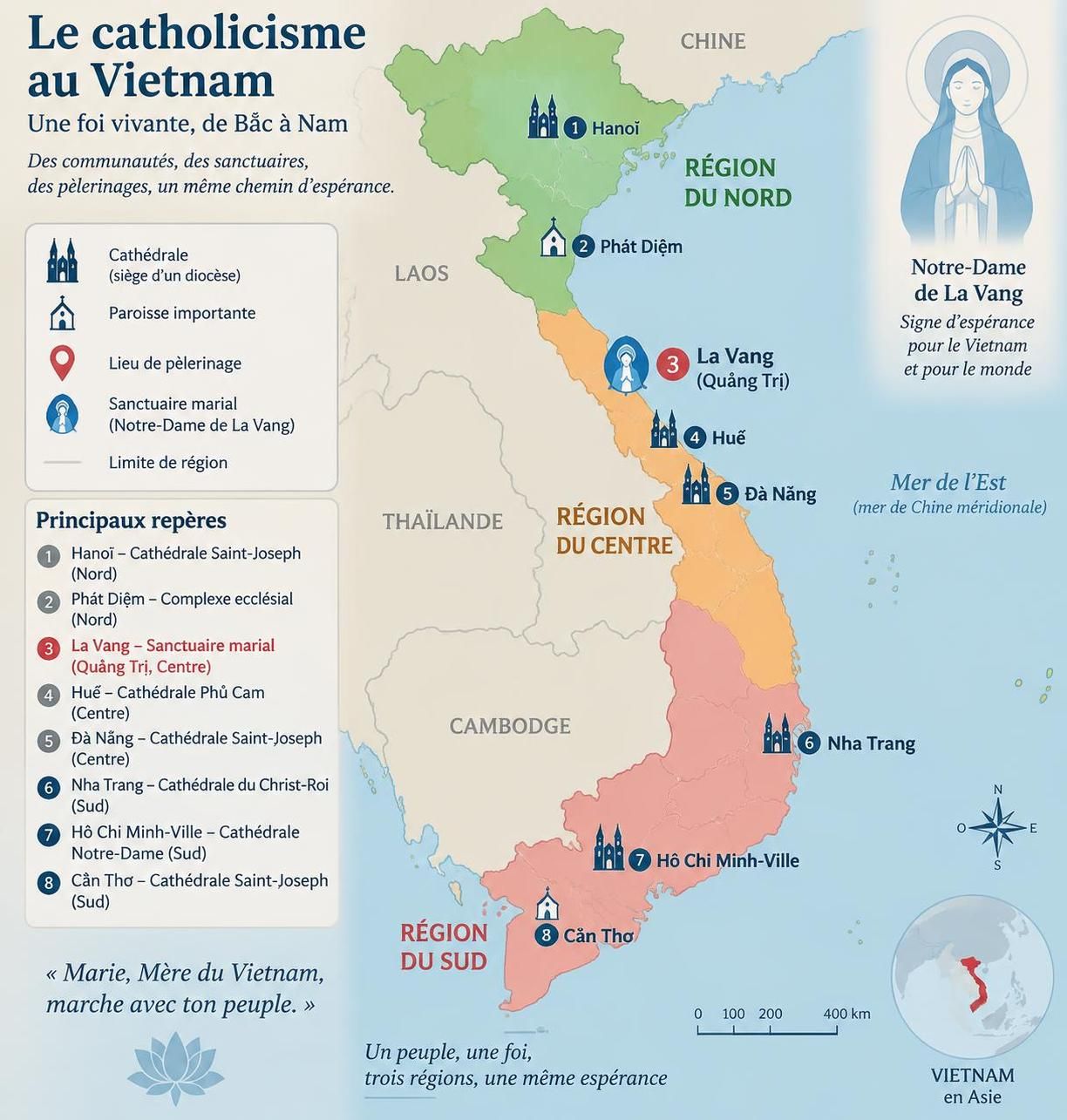 découvrez le catholicisme au vietnam, entre cathédrales héritées de l’époque coloniale, processions nocturnes et communautés ferventes.