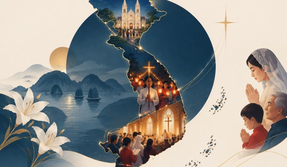 découvrez le catholicisme au vietnam, entre cathédrales héritées de l’époque coloniale, processions nocturnes et communautés ferventes.