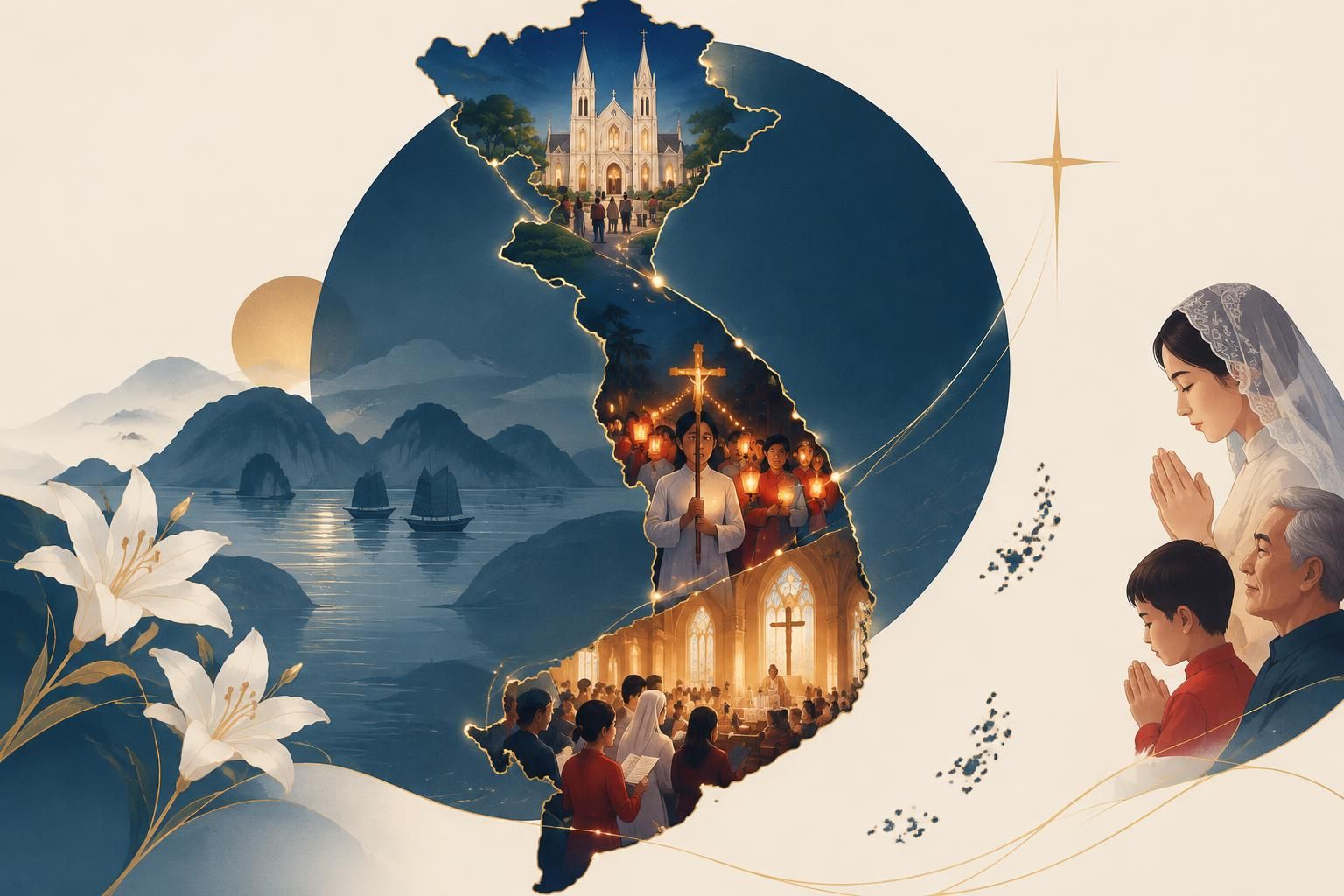 découvrez le catholicisme au vietnam, entre cathédrales héritées de l’époque coloniale, processions nocturnes et communautés ferventes.