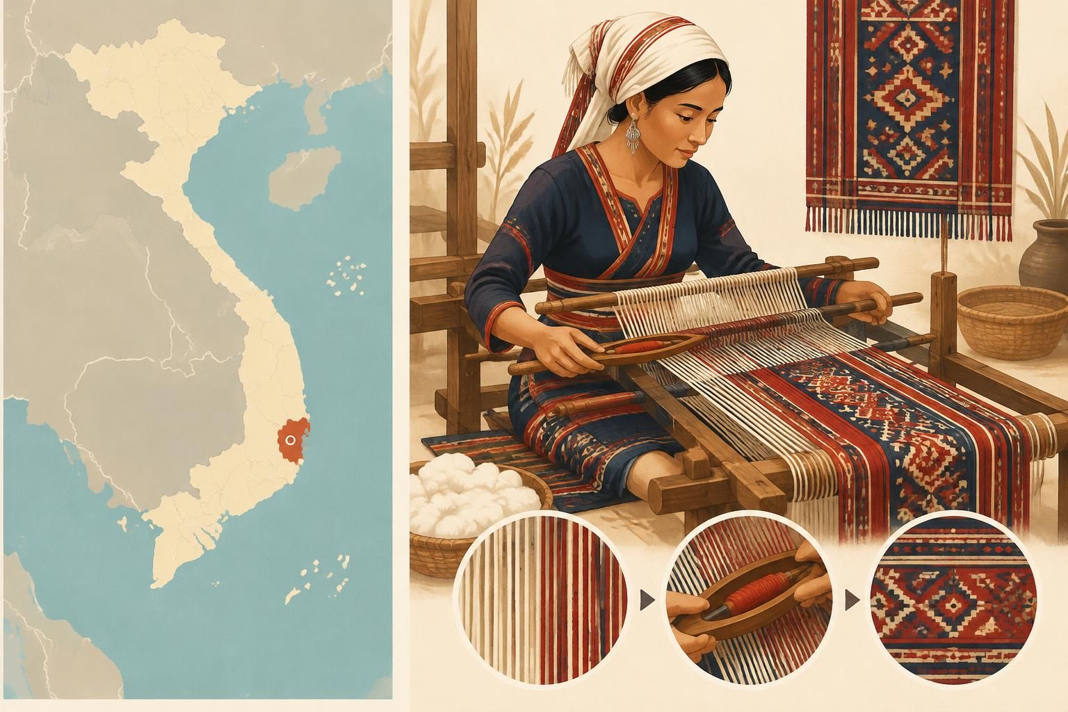 à mỹ nghiệp, les tisseuses cham de ninh thuận perpétuent des motifs millénaires et un savoir-faire unique sur leurs métiers à main.
