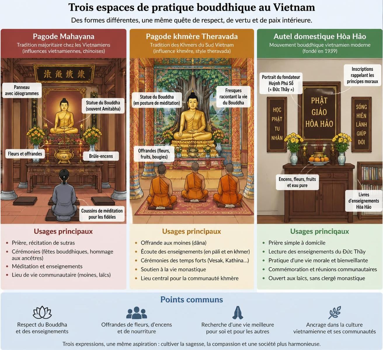 découvrez les trois grands courants bouddhistes du vietnam — mahayana, theravada et hòa hảo — et la diversité de leurs pratiques et traditions.