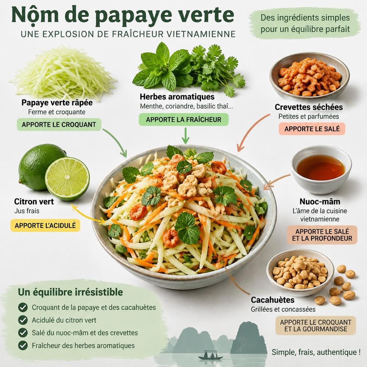 découvrez le nộm, une salade vietnamienne de papaye verte, d’herbes fraîches et de crevettes séchées, idéale pour apporter une touche de fraîcheur à chaque repas.