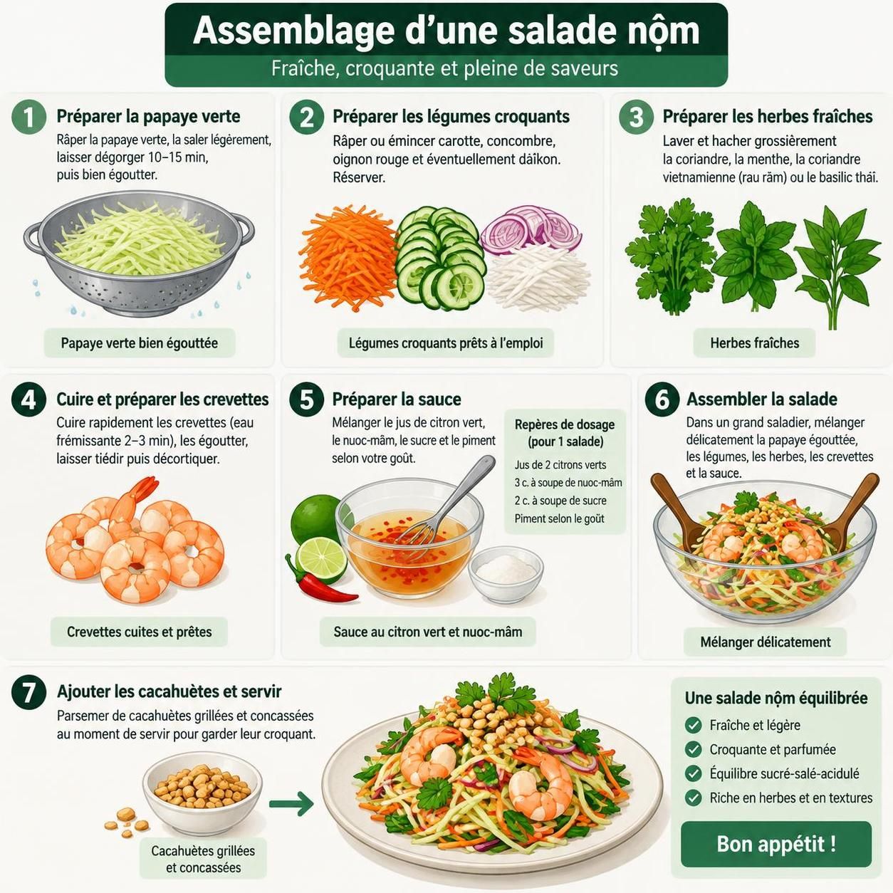 découvrez le nộm, une salade vietnamienne de papaye verte croquante, d’herbes fraîches et de crevettes séchées, idéale pour accompagner chaque repas.