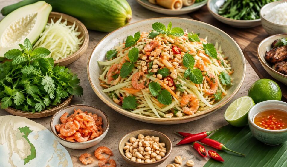 découvrez le nộm, une salade vietnamienne de papaye verte croquante, d’herbes fraîches et de crevettes séchées, idéale pour accompagner chaque repas.