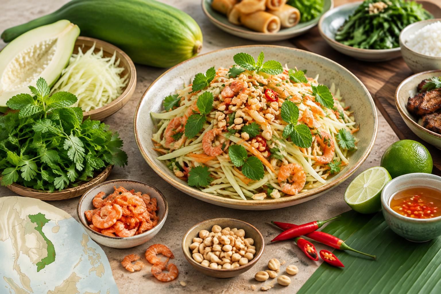 découvrez le nộm, une salade vietnamienne de papaye verte croquante, d’herbes fraîches et de crevettes séchées, idéale pour accompagner chaque repas.