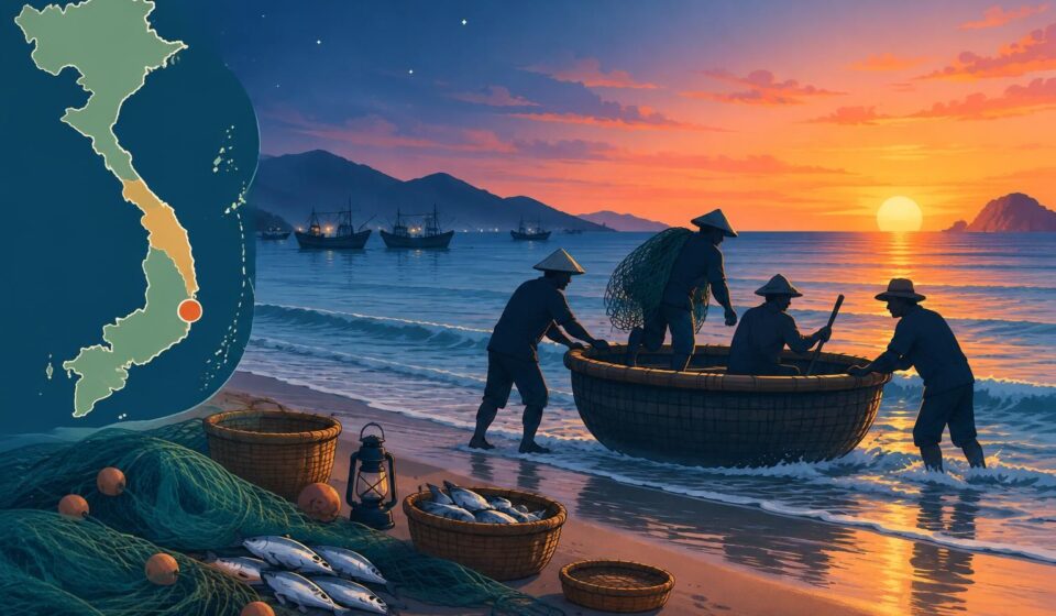 vivez une pêche de nuit avec les pêcheurs de phan rang, puis embarquez sur un bateau rond au lever du soleil pour découvrir la côte vietnamienne.