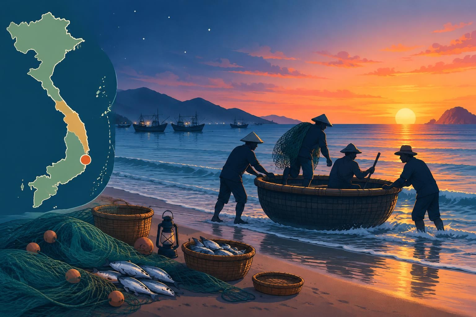 vivez une pêche de nuit avec les pêcheurs de phan rang, puis embarquez sur un bateau rond au lever du soleil pour découvrir la côte vietnamienne.