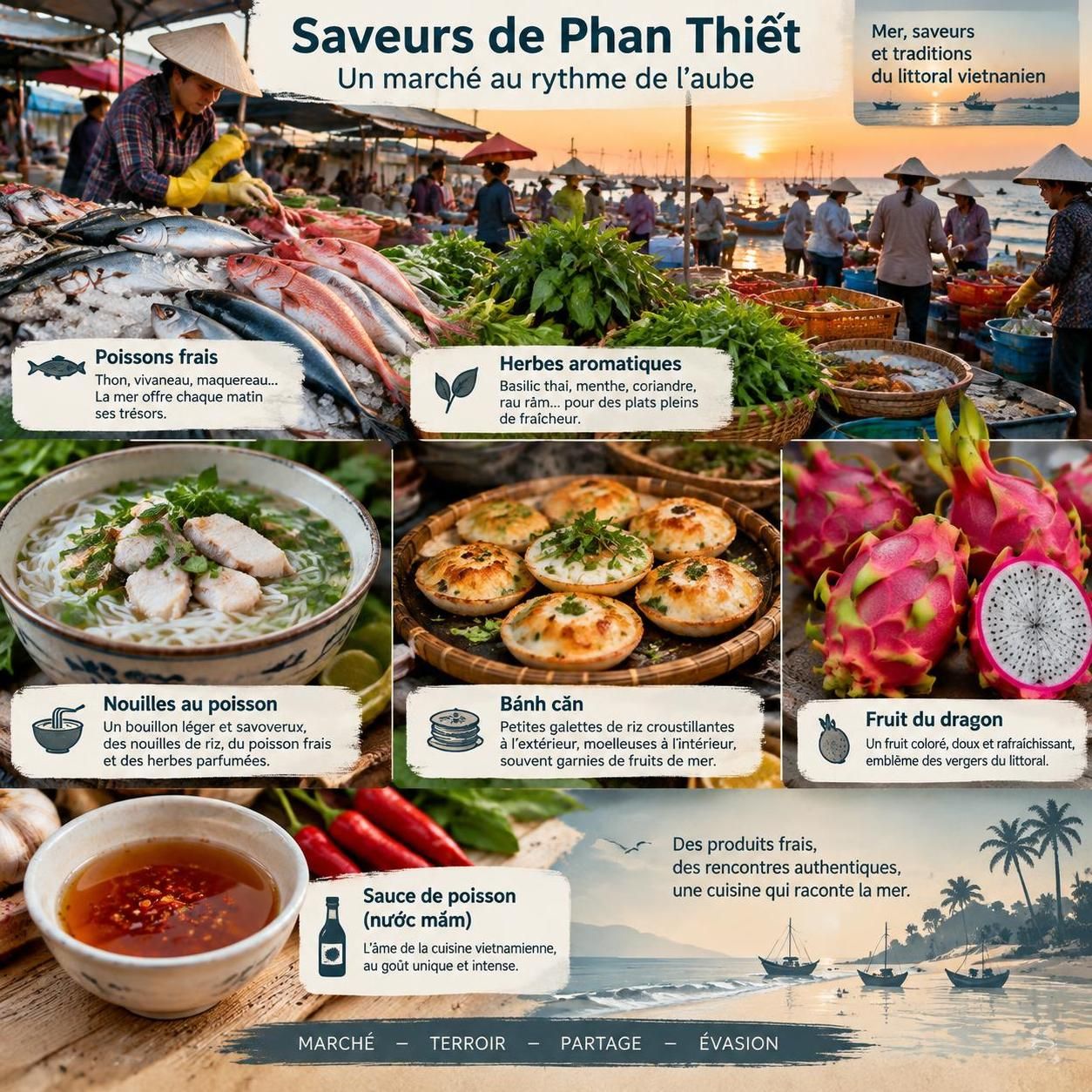 découvrez phan thiết, cœur vivant de bình thuận, entre sauce de poisson traditionnelle, bateaux ronds colorés et marchés animés dès l’aube.