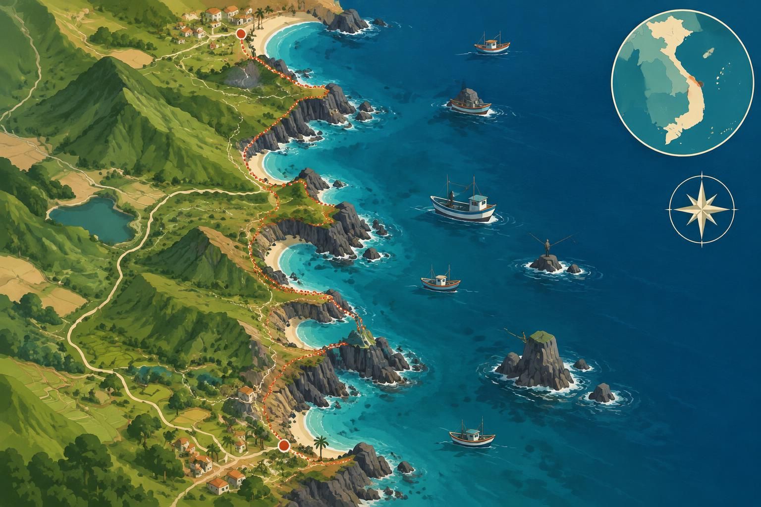 explorez la côte de quy nhon entre nhơn lý et bãi xép : falaises volcaniques, baies secrètes et rencontres avec les pêcheurs locaux.