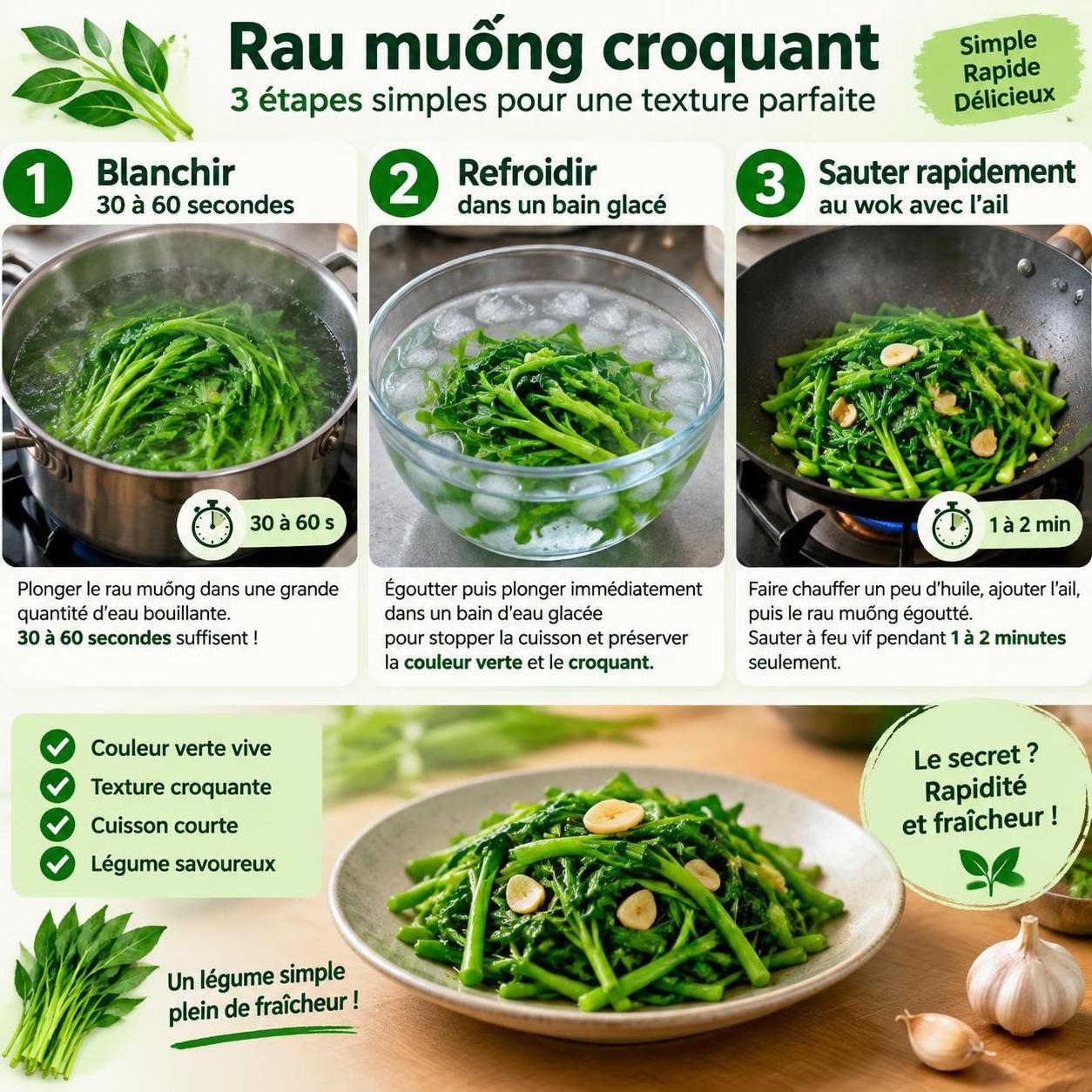 découvrez le rau muống sauté à l’ail, légume incontournable de la cuisine vietnamienne : savoureux, simple et si populaire que les voyageurs en redemandent.