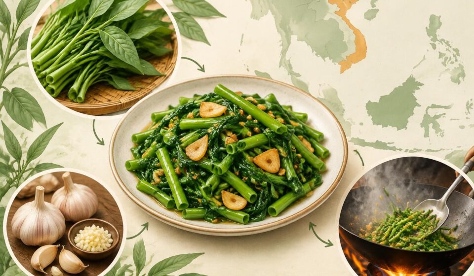 découvrez le rau muống sauté à l’ail, légume incontournable de la cuisine vietnamienne que les voyageurs finissent par réclamer à chaque repas.