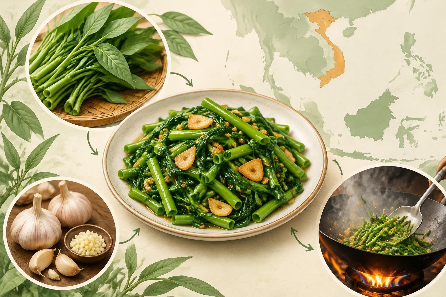 découvrez le rau muống sauté à l’ail, légume incontournable de la cuisine vietnamienne que les voyageurs finissent par réclamer à chaque repas.